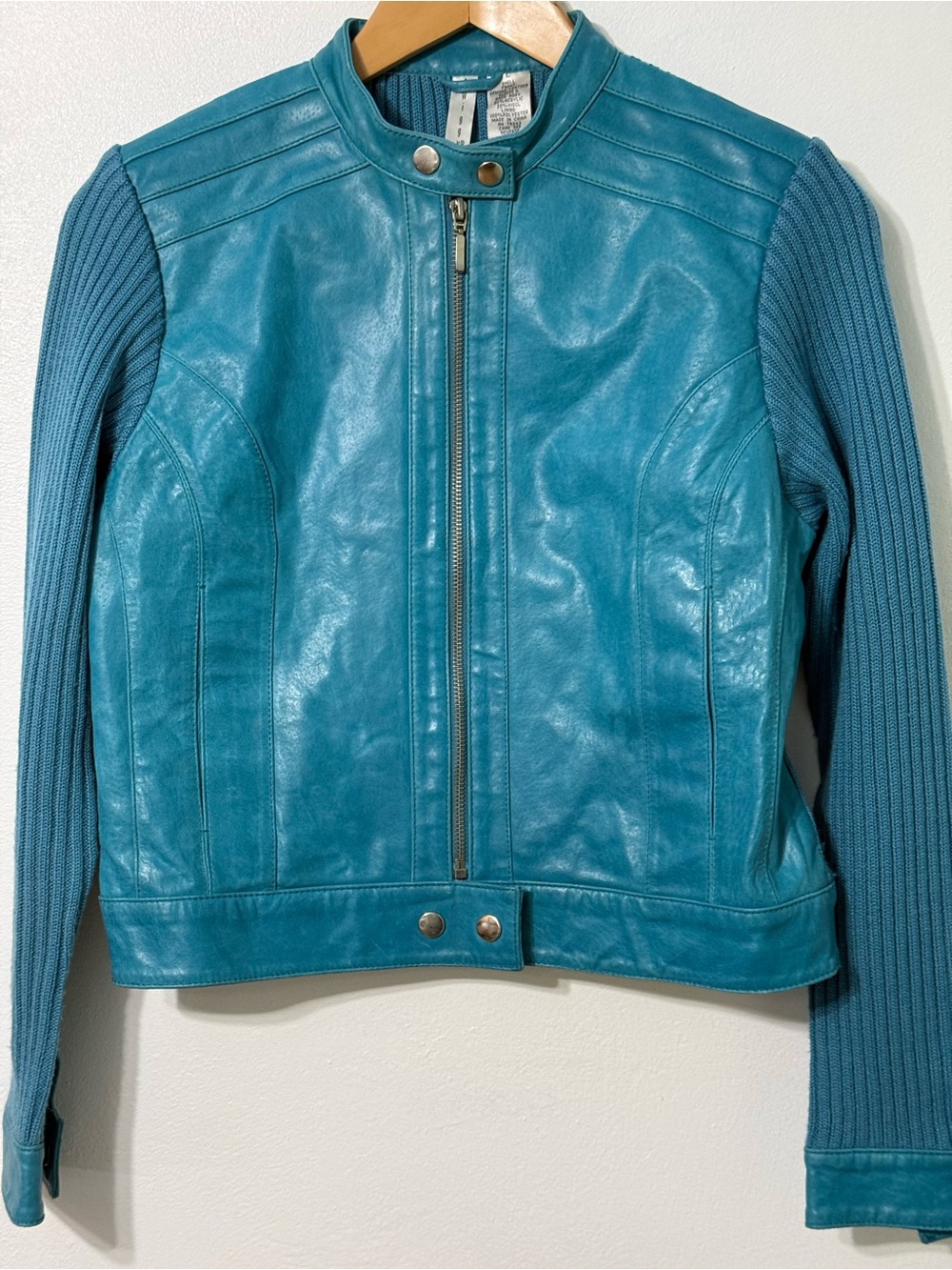 twiggy LONDON Leather and Knit Moto Jacket Teal Y2K